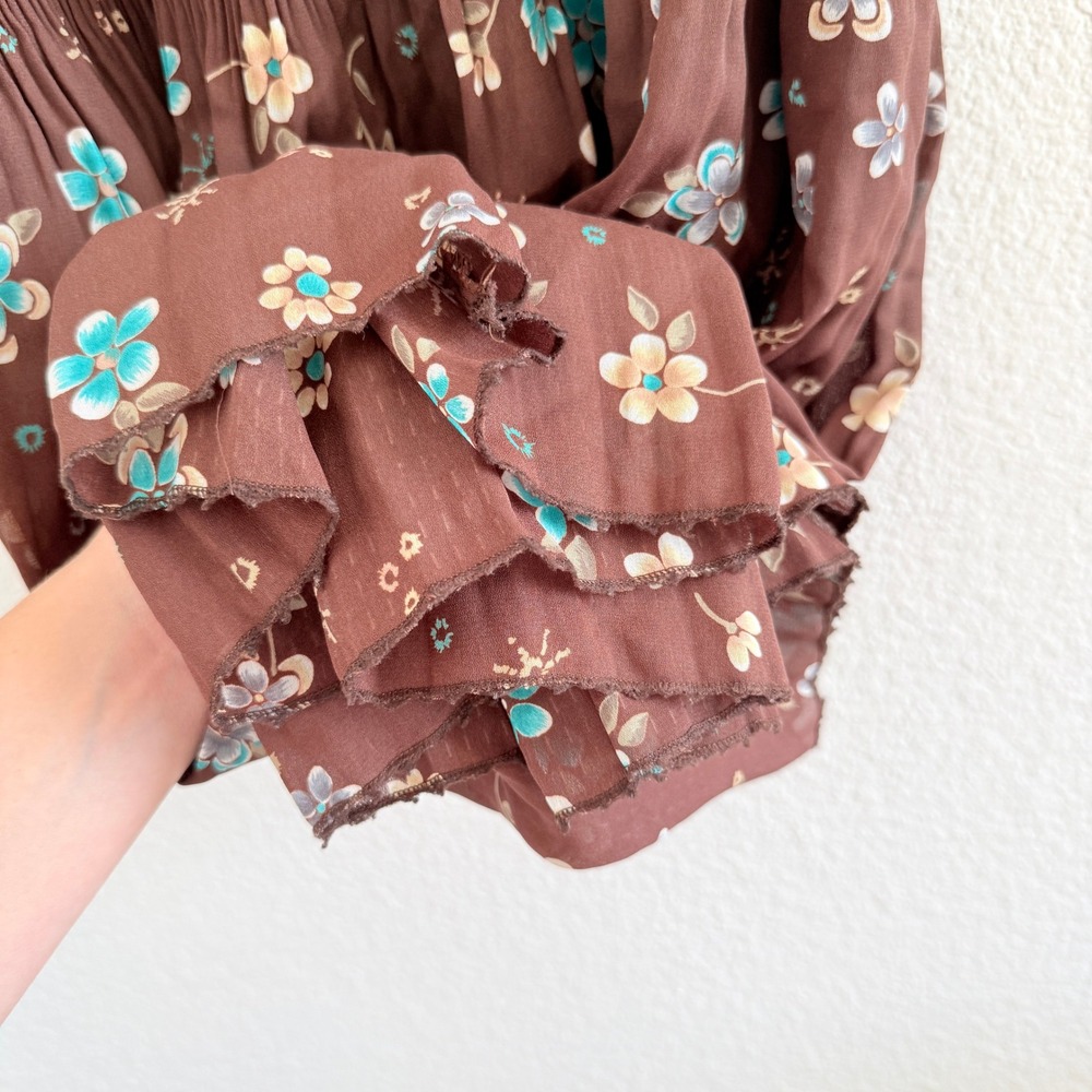 Brown Floral Micro Pleated Tiered Midi Skirt Turquoise Flowers Lettuce Hem - Picture 5 of 7